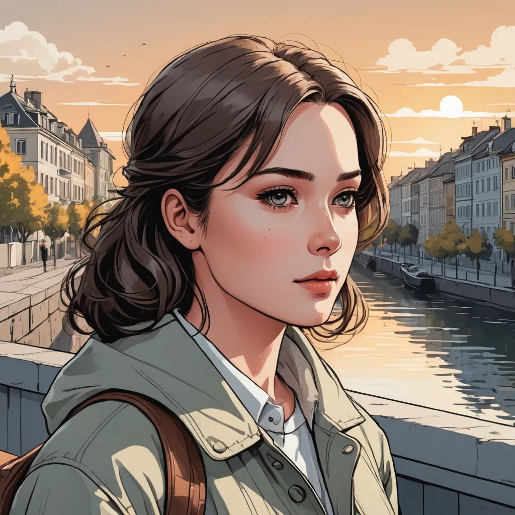 a woman with a backpack looking at the camera with a river in the background and buildings in the background, figurative art, a comic book panel, Atey Ghailan, trending on art station