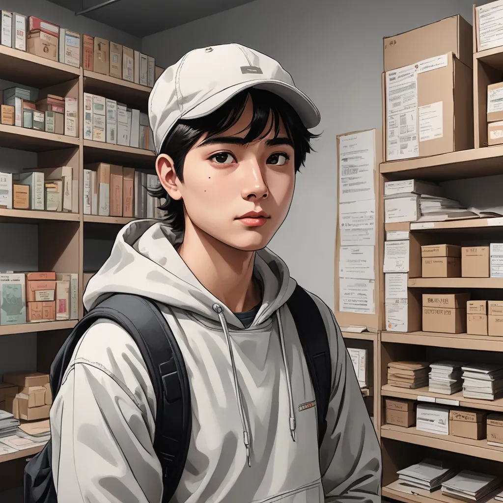 a man in a hat standing in a room with shelves of books and boxes on the wall and a shelf with boxes on the wall, photorealism, a character portrait, Artgerm, ultra realistic digital art