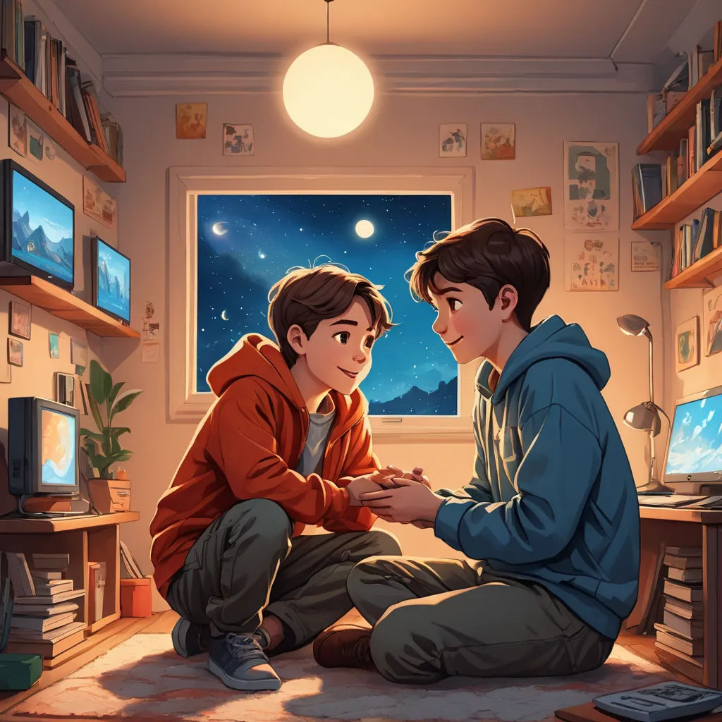 a boy and a boy sitting on the floor in a room with a window and a television on the wall, romanticism, a storybook illustration, Aaron Jasinski, official art