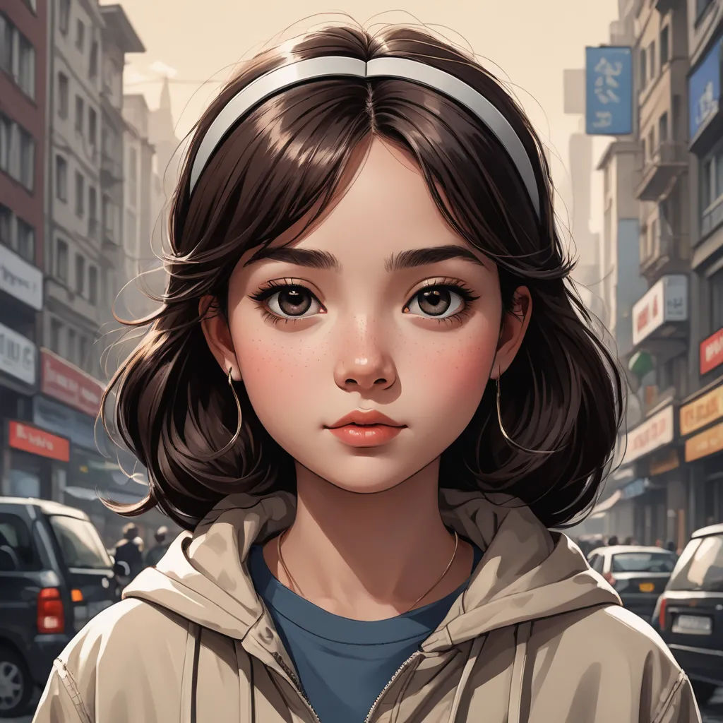 a girl with a headband on standing in the street with cars and buildings in the background and a city street, fantasy art, a character portrait, Artgerm, anime art style