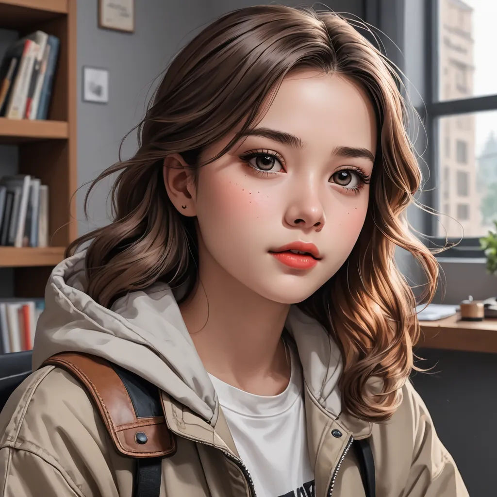 a digital painting of a woman in a jacket and a bookcase in the background, looking at the camera, computer art, a photorealistic painting, Artgerm, anime art style