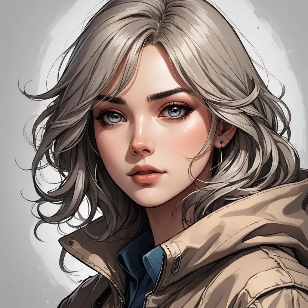 a drawing of a woman with blonde hair and blue eyes, wearing a jacket and a jacket with a hood, fantasy art, a detailed painting, Artgerm, stanley artgerm lau