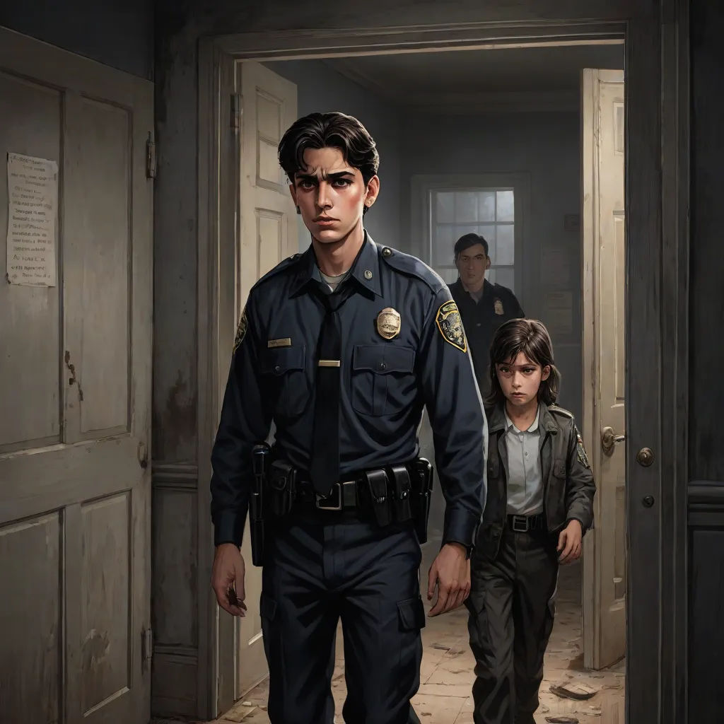 a man in a police uniform walking down a hallway with a child in the background and a man in a police uniform standing behind him, sots art, concept art, Aaron Jasinski, official art