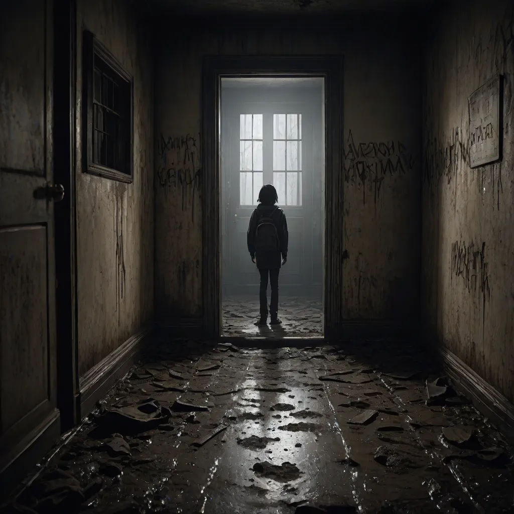 a person standing in a dark hallway with a door open and graffiti all over the floor and walls on the walls, photorealism, concept art, Bryan Organ, promotional image