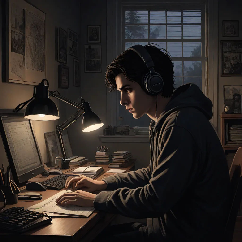 a man wearing headphones sitting at a desk in front of a computer monitor and keyboard, with a lamp on, computer art, a hyperrealistic painting, Aaron Jasinski, highly detailed digital painting