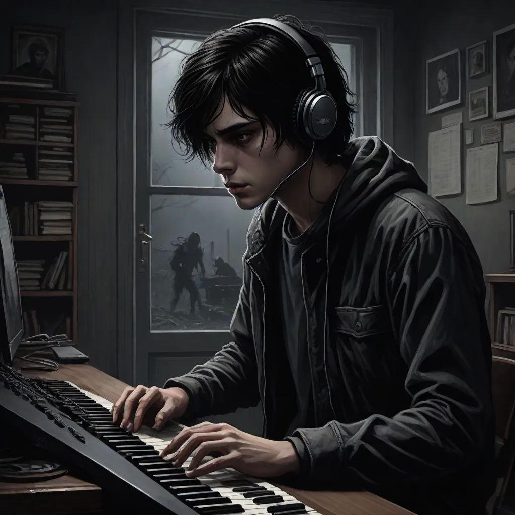 a man wearing headphones playing a keyboard in a dark room with a window and a bookcase behind him, serial art, a character portrait, Cedric Seaut (Keos Masons), professional digital painting