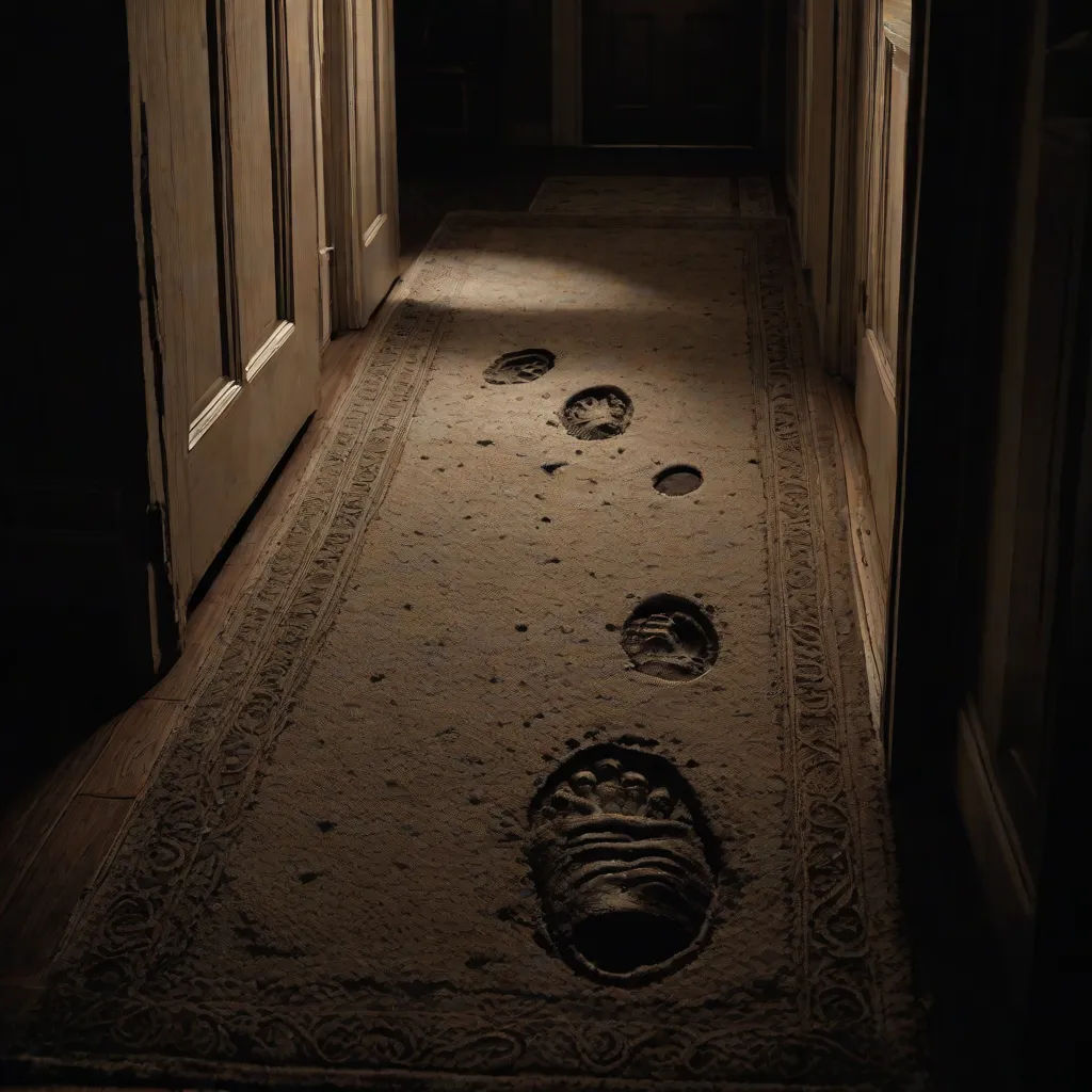 a hallway with a rug and a door way with footprints on the floor and a light coming through the door, photorealism, poster art, Chris LaBrooy, promotional image