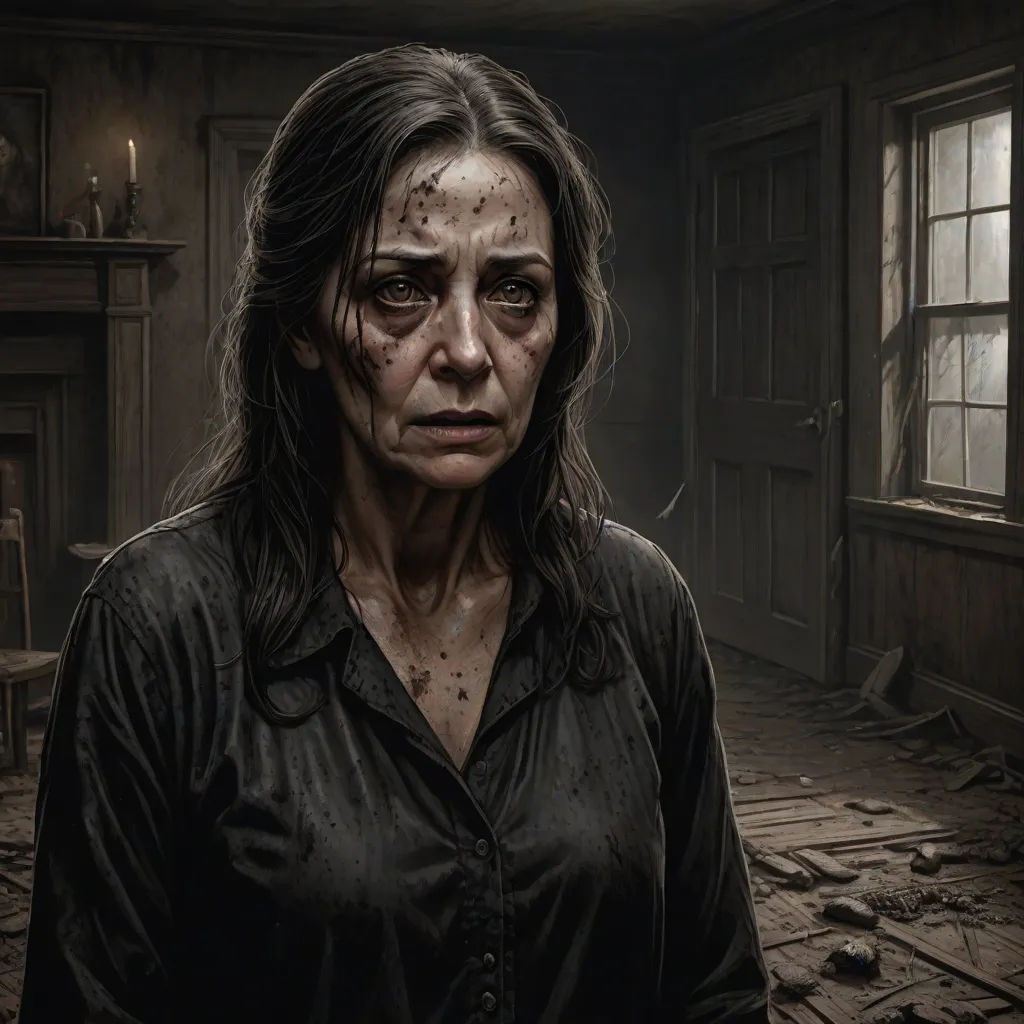 a woman with a black shirt and a black shirt on in a room with a fireplace and a window, photorealism, a photorealistic painting, David Palumbo, highly detailed digital painting