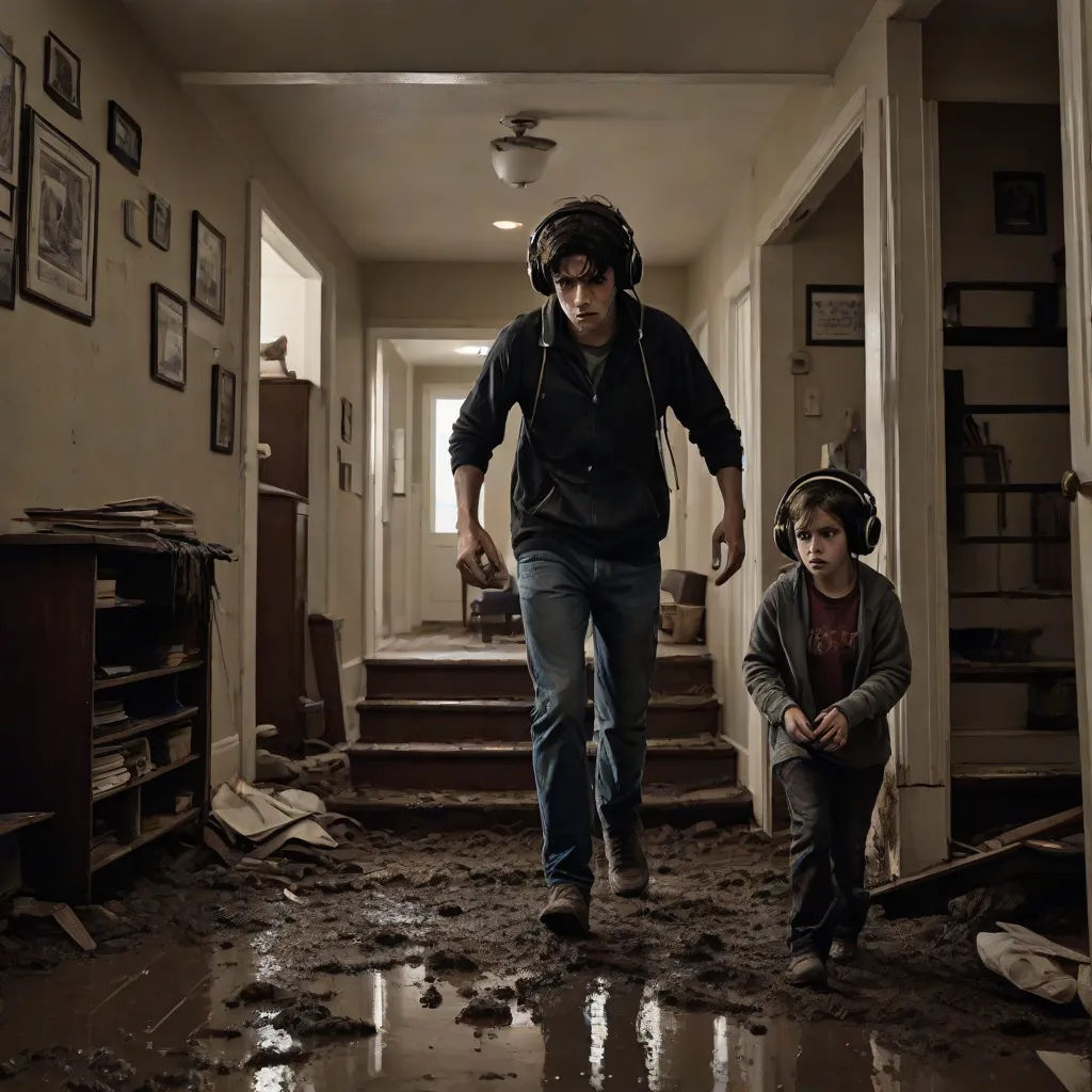 a man and a boy walking down a hallway in a house with a lot of debris on the floor, serial art, poster art, David Park, promotional image