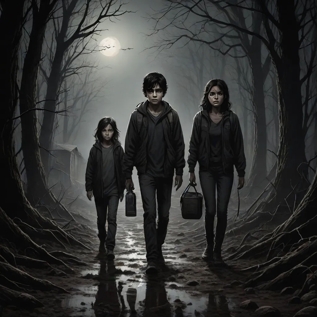 a group of people walking through a forest at night with a full moon in the background and a person holding a bag, sots art, poster art, Dirk Crabeth, key art