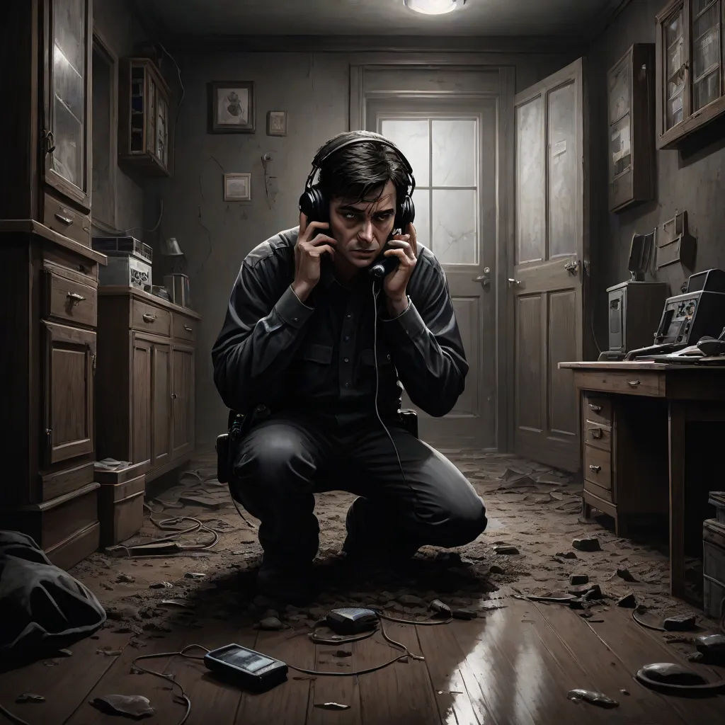 a man kneeling down while talking on a cell phone in a room with a lot of debris on the floor, serial art, poster art, Dan Mumford, key art
