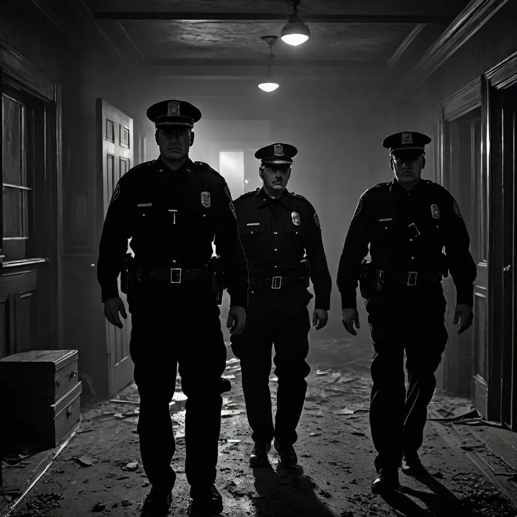 three police officers walking down a hallway in a building with a light on above them and a door way leading to another room, photorealism, a black and white photo, Edward Otho Cresap Ord, II, film noir