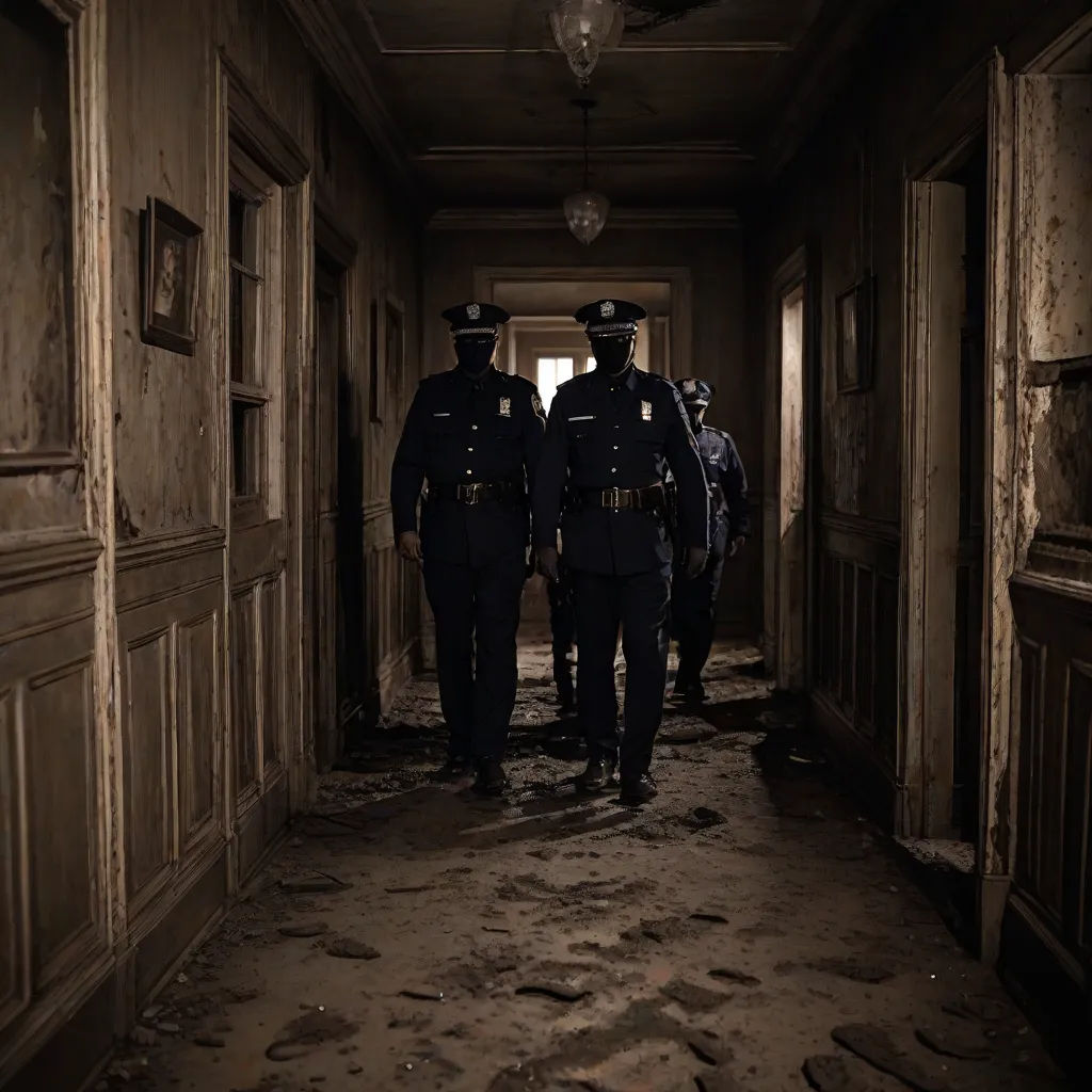 a group of police officers walking down a hallway in a building with peeling paint on the walls and floors, photorealism, a detailed matte painting, Dirk Crabeth, promotional image