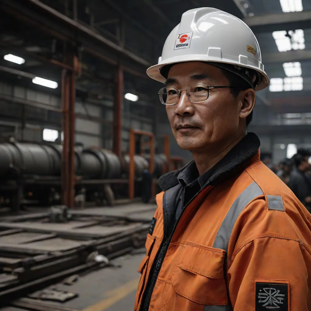 a man in an orange jacket and hard hat in a factory with steel pipes in the background and a man in a hard hat, Cao Buxing, socialist realism, a character portrait, character portrait
