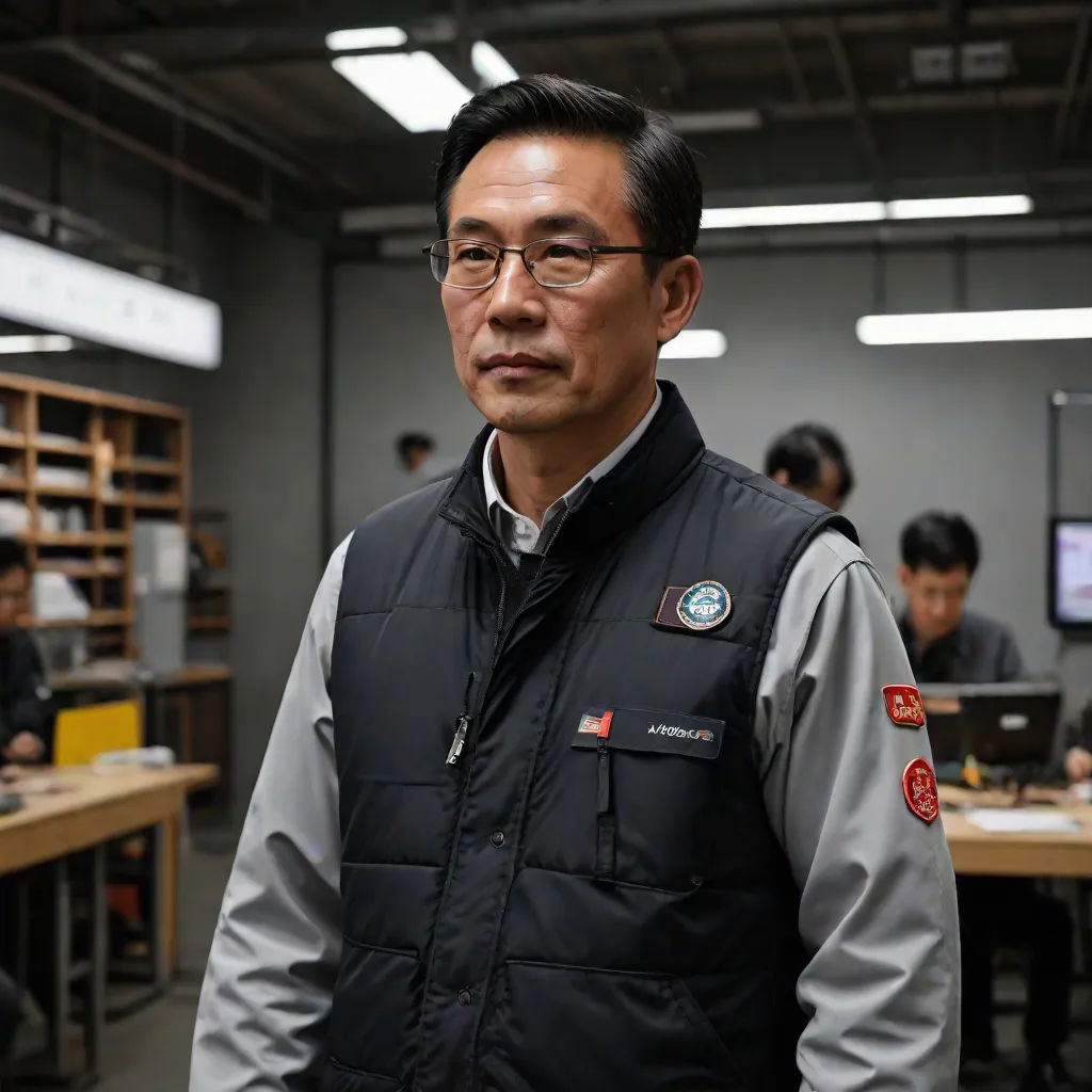a man in a black vest standing in a room with people working on computers and other desks in the background, Choi Buk, international typographic style, a character portrait, kim jung gi