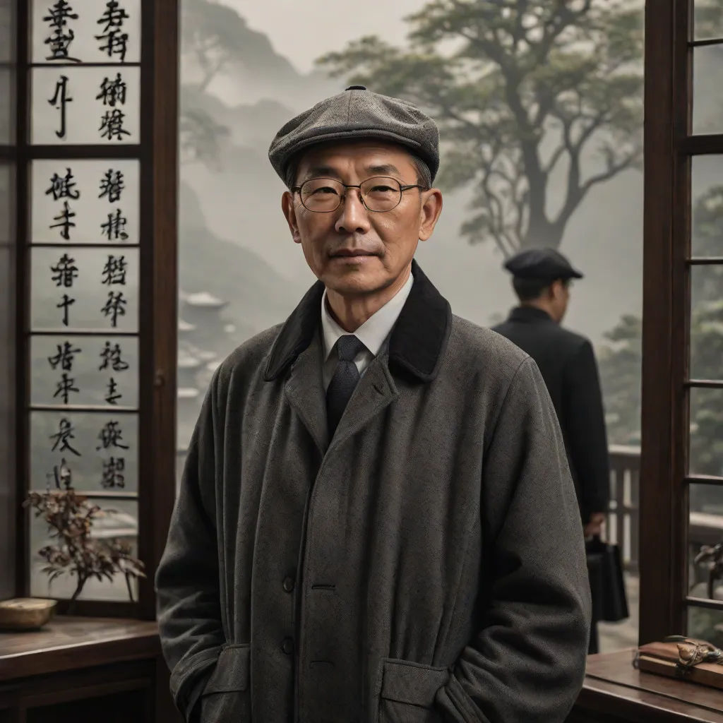 a man in a hat and coat standing in front of a window with asian writing on it and a man in a hat and coat, Cheng Zhengkui, new objectivity, a character portrait, cinematic photography