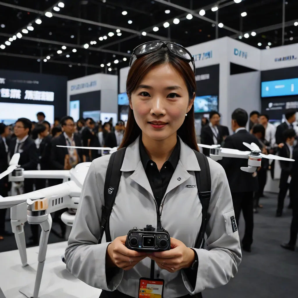 a woman holding a camera in front of a crowd of people at a convention or exhibition with a small white plane, Fan Qi, new objectivity, a computer rendering, wide angle lens