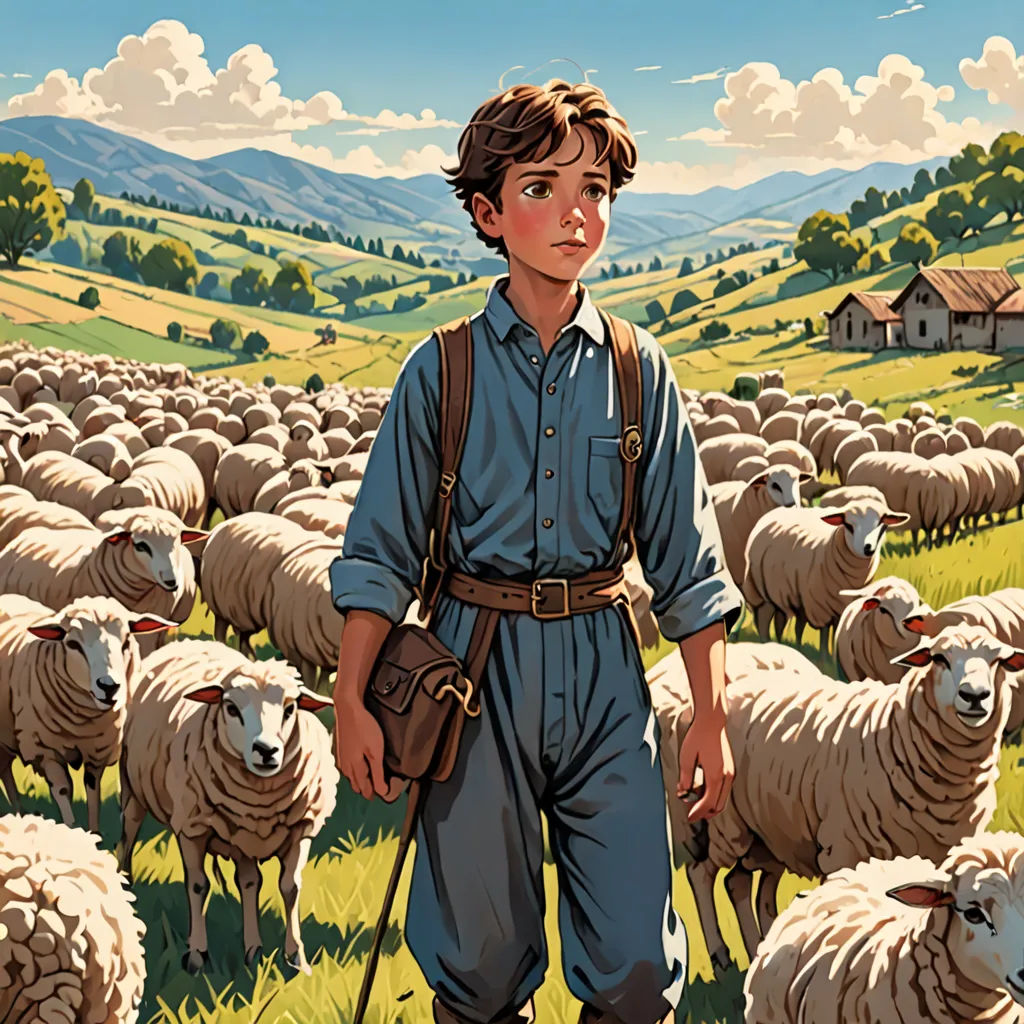 a painting of a boy standing in front of a herd of sheep in a field with a house in the background, les automatistes, a storybook illustration, Aaron Jasinski, official art