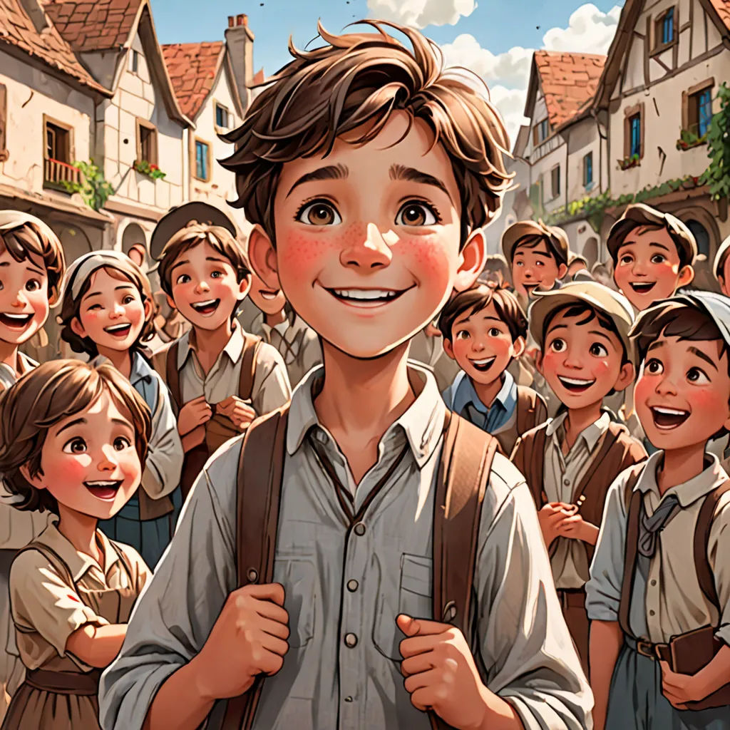 a boy in a school uniform standing in front of a group of children in a village with a building, paris school, a storybook illustration, Diego Gisbert Llorens, cushart krenz
