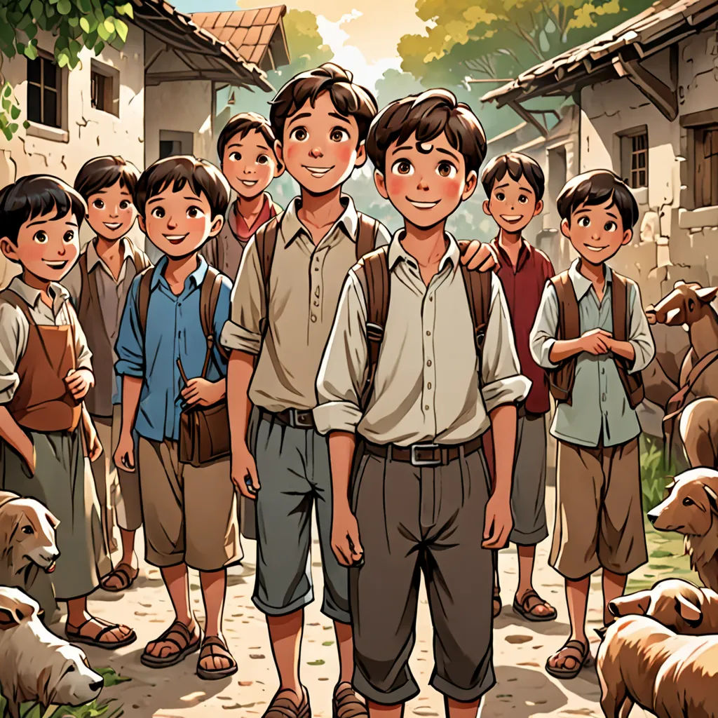 a group of children standing in front of a group of sheep and goats in a village with a man in the foreground, lyco art, a storybook illustration, Brothers Hildebrandt, official art