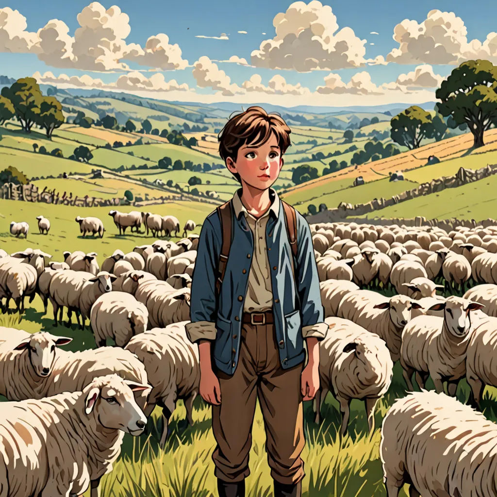 a boy standing in front of a herd of sheep in a field with a sky background and clouds in the sky, fantastic realism, a storybook illustration, Asaf Hanuka, official art
