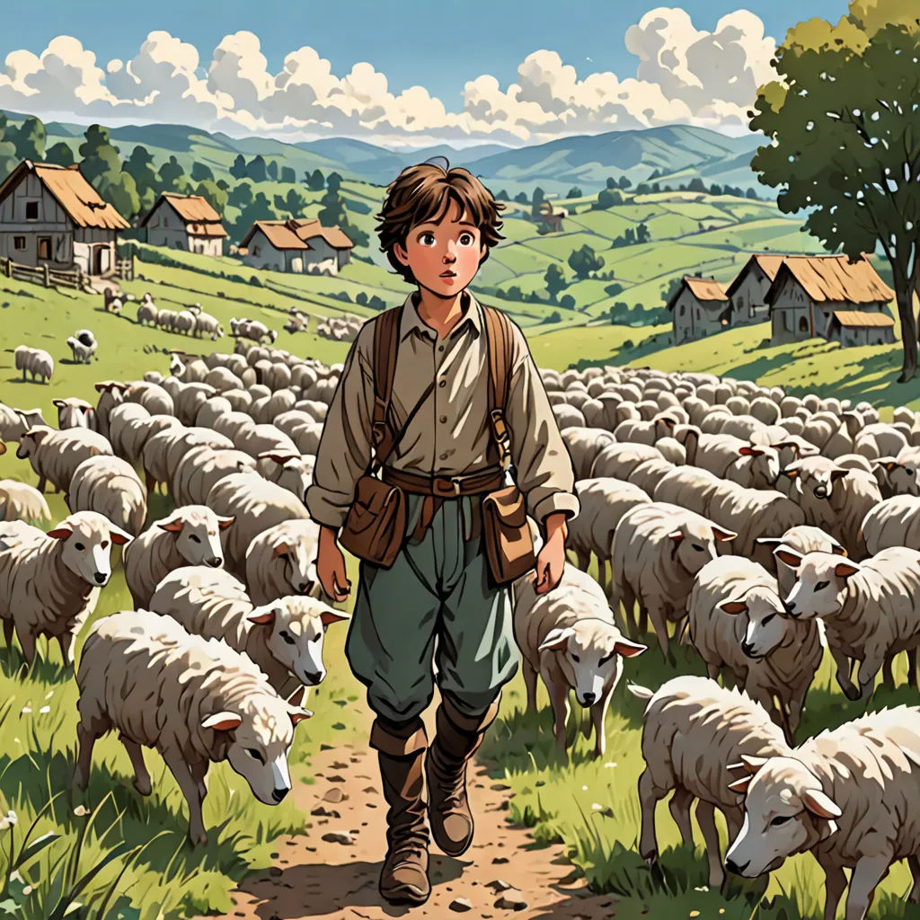 a boy is walking through a field with a herd of sheep behind him and a house in the background, les automatistes, a storybook illustration, Asaf Hanuka, yukito kishiro