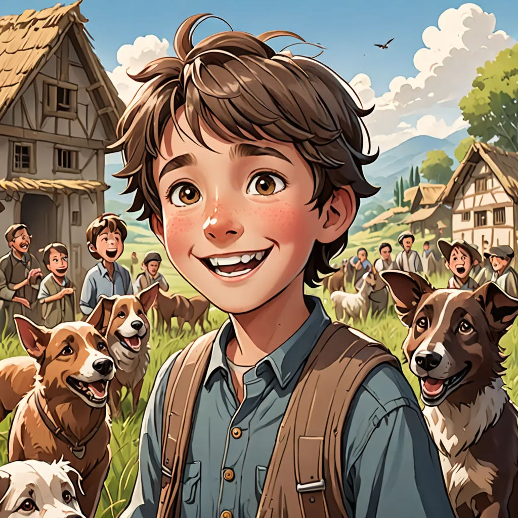 a boy standing in front of a group of dogs in a field with a house in the background and a crowd of people in the background, context art, a storybook illustration, Diego Gisbert Llorens, comic cover art