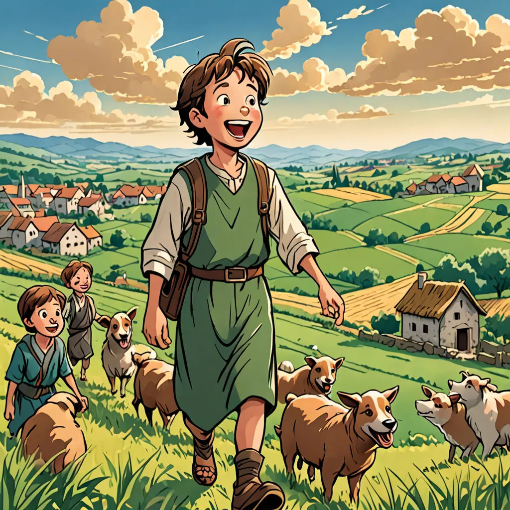 a boy in a green dress is walking with a herd of sheep in a field with a village in the background, synthetism, a storybook illustration, Brothers Hildebrandt, official art