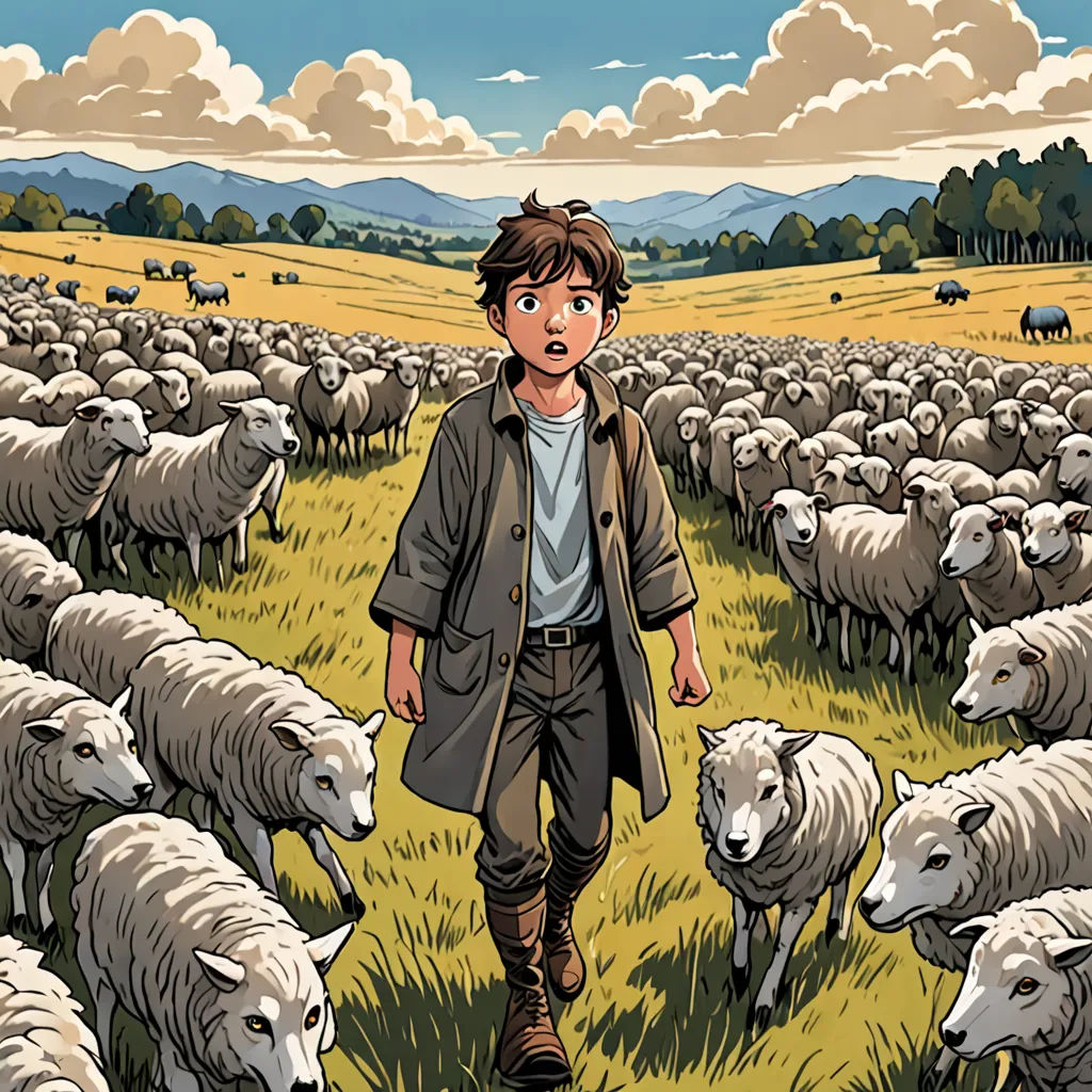 a boy is walking through a field with sheep in the background and a sky with clouds in the background, les automatistes, a storybook illustration, Asaf Hanuka, yukito kishiro