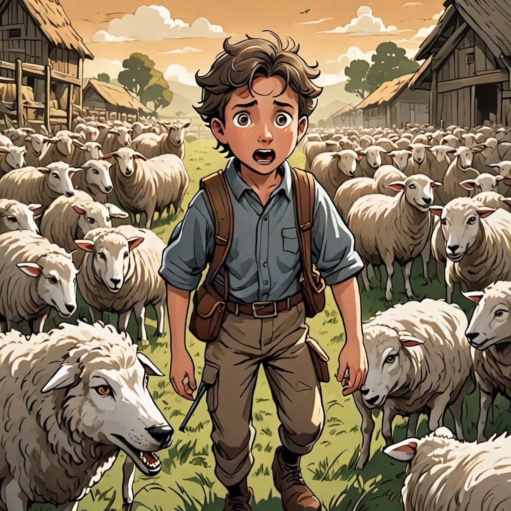 a boy standing in front of a herd of sheep in a field with a barn in the background and a sky with clouds, lyco art, a storybook illustration, Cedric Seaut (Keos Masons), comic cover art
