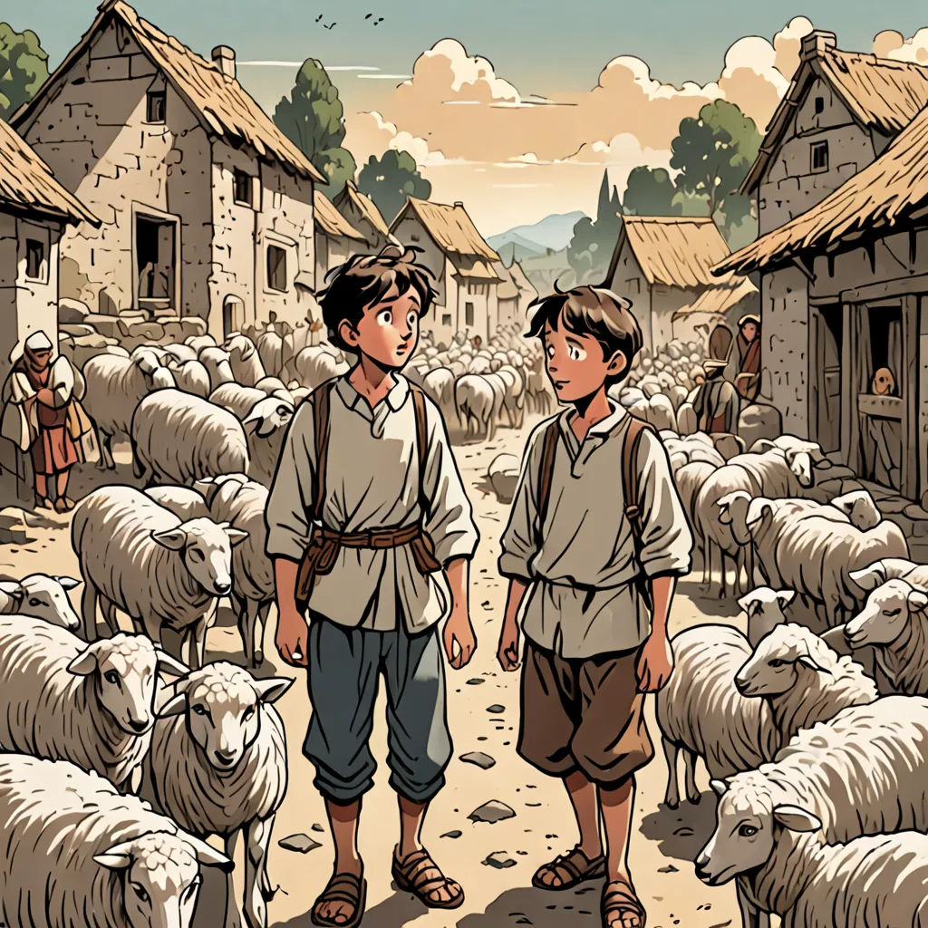 a couple of kids standing in front of a herd of sheep in a village with a man in the background, les automatistes, a comic book panel, Asaf Hanuka, comic cover art
