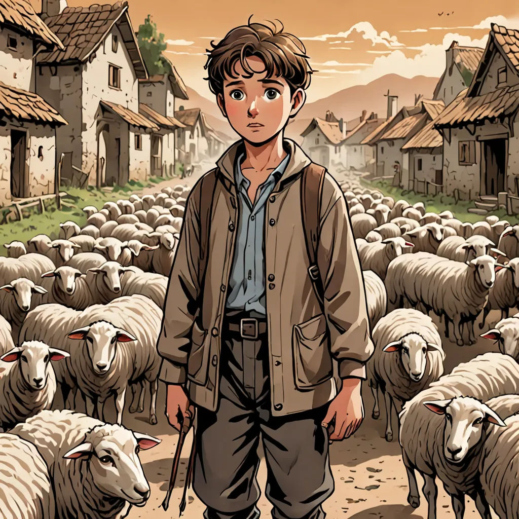 a man standing in front of a herd of sheep in a village with a brown sky background and a brown sky, context art, a comic book panel, Asaf Hanuka, yukito kishiro