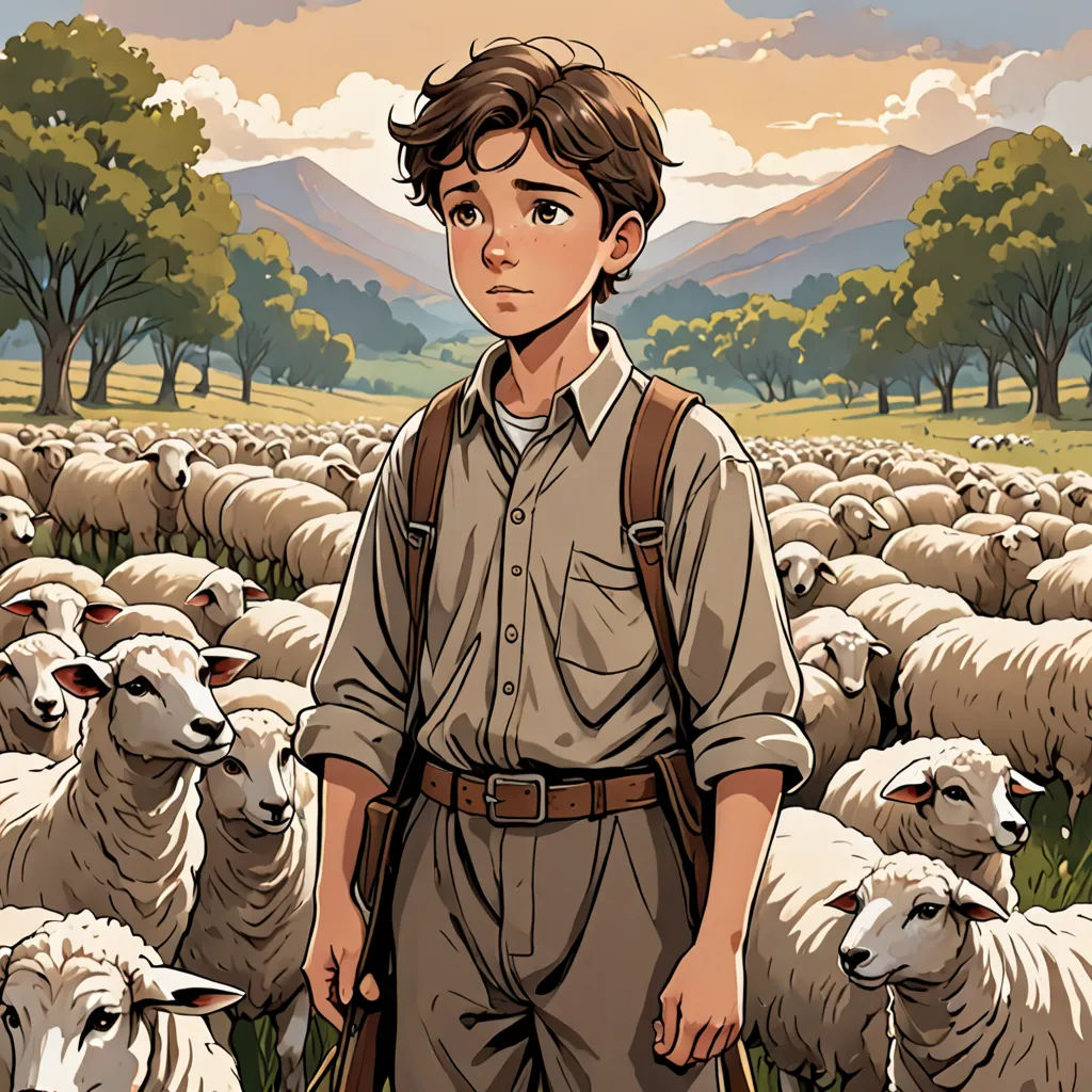 a boy standing in front of a herd of sheep in a field with mountains in the background and trees, serial art, a character portrait, Asaf Hanuka, comic cover art