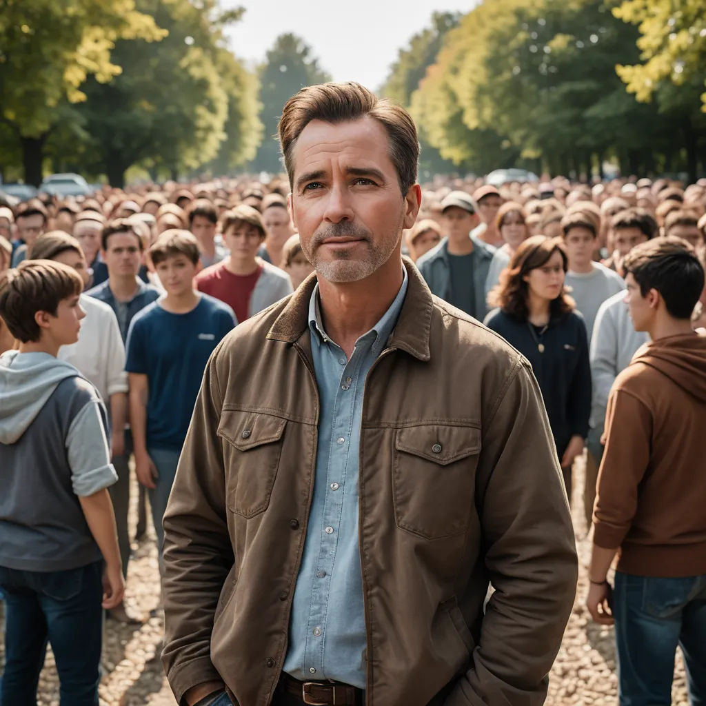 a man standing in front of a large group of people in a park area with trees in the background, berlin secession, a poster, Arnold Brügger, promotional image