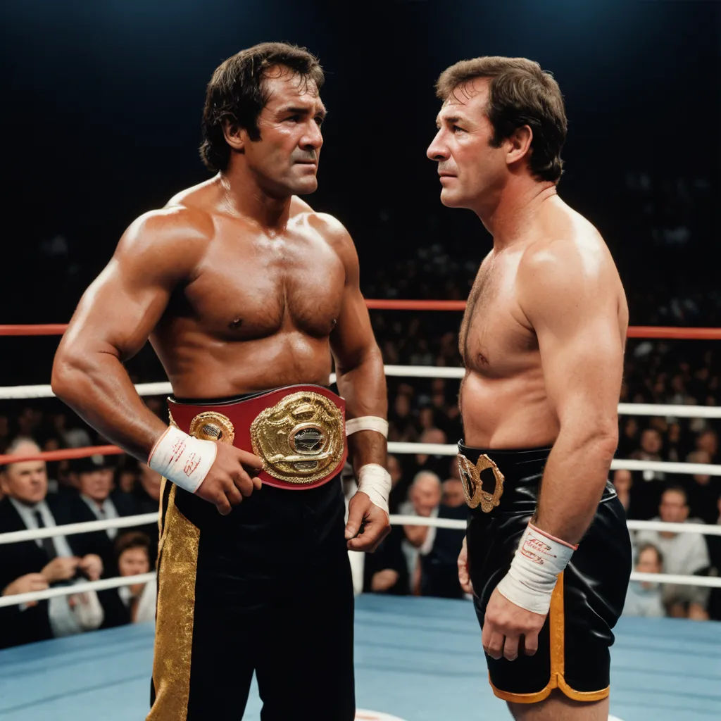 two men standing next to each other in a ring with a crowd watching them from the stands and a referee standing behind them, precisionism, a colorized photo, Doug Ohlson, masculine
