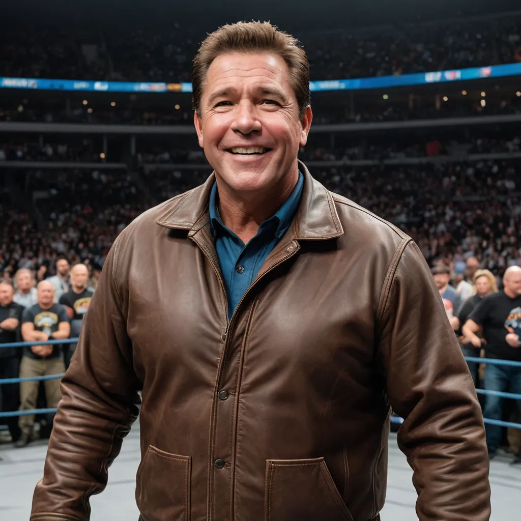 a man in a brown jacket standing in front of a crowd of people at a stadium with a smile on his face, private press, a picture, Doug Ohlson, kinkade
