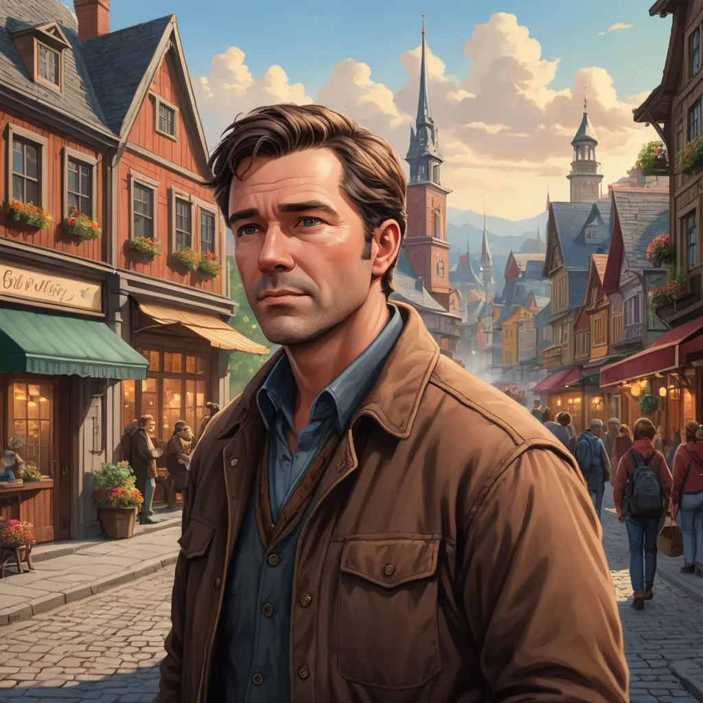 a man standing in front of a building on a street with a clock tower in the background and a woman standing in front of him, american scene painting, a character portrait, Evgeny Lushpin, kinkade