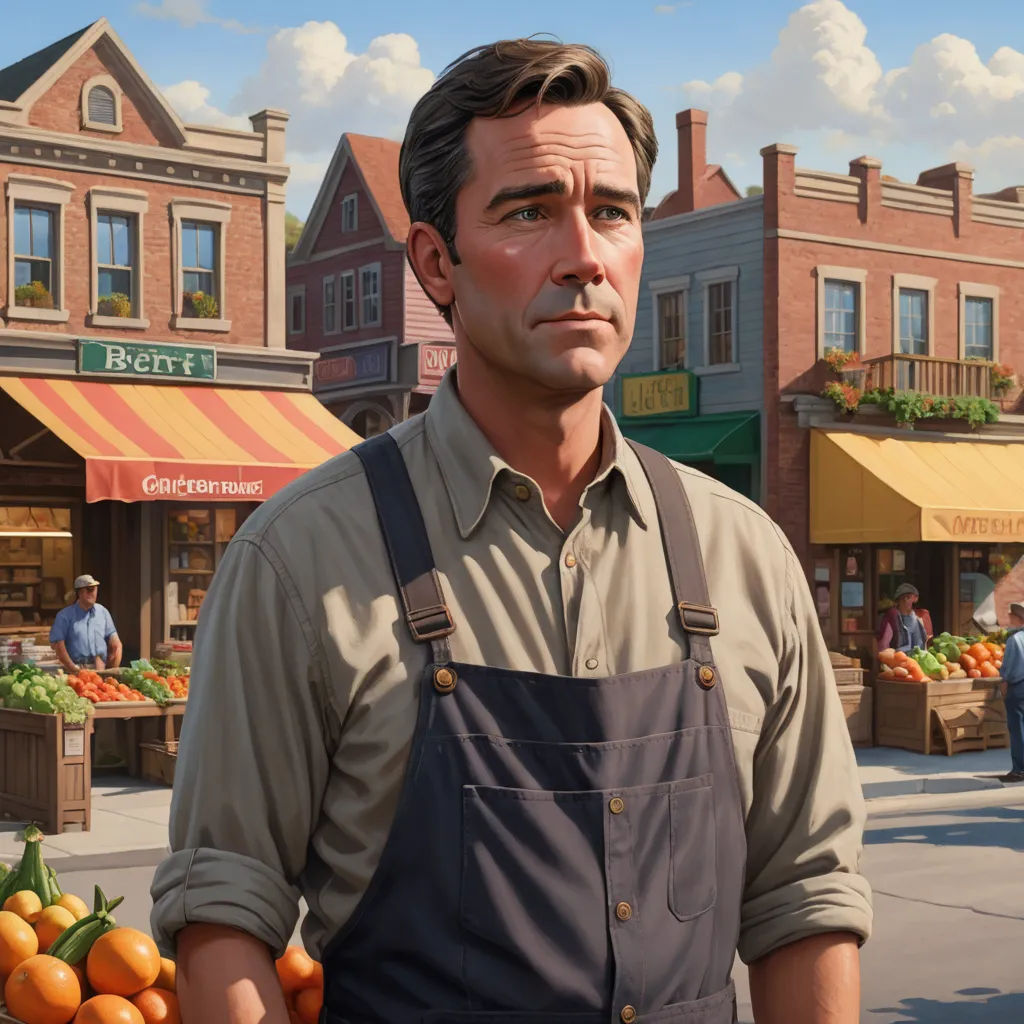 a man in overalls standing in front of a market with oranges in front of him and a building in the background, american realism, a character portrait, Evgeny Lushpin, ultra realistic digital art