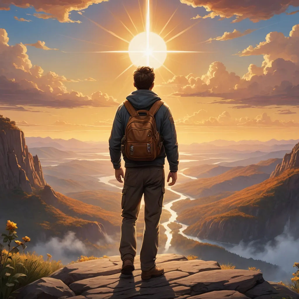 a man standing on a cliff looking at a sunset over a valley with a river running through it and a bright sun shining through the clouds, fantasy art, a digital painting, Christophe Vacher, highly detailed digital painting