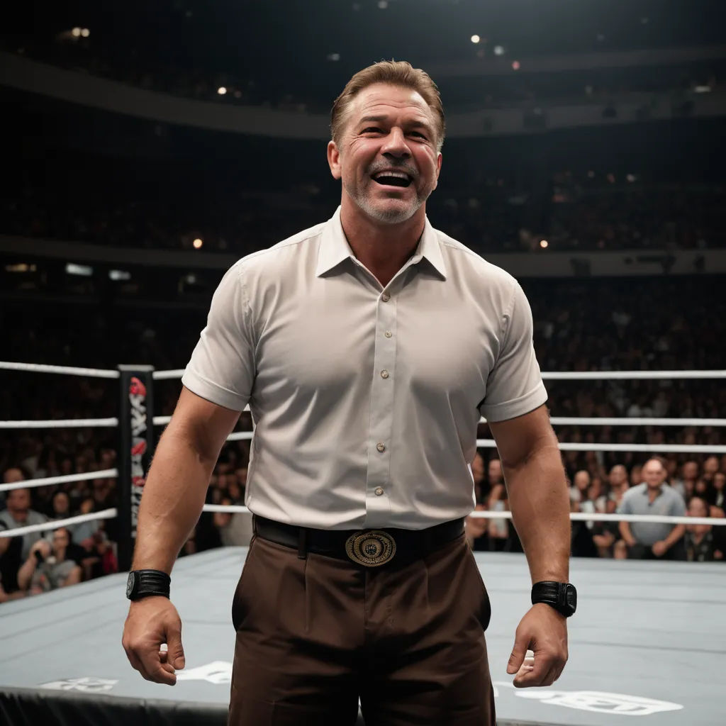 a man standing in a ring with a smile on his face and a crowd of people behind him watching, private press, a picture, Bryan Organ, unreal render