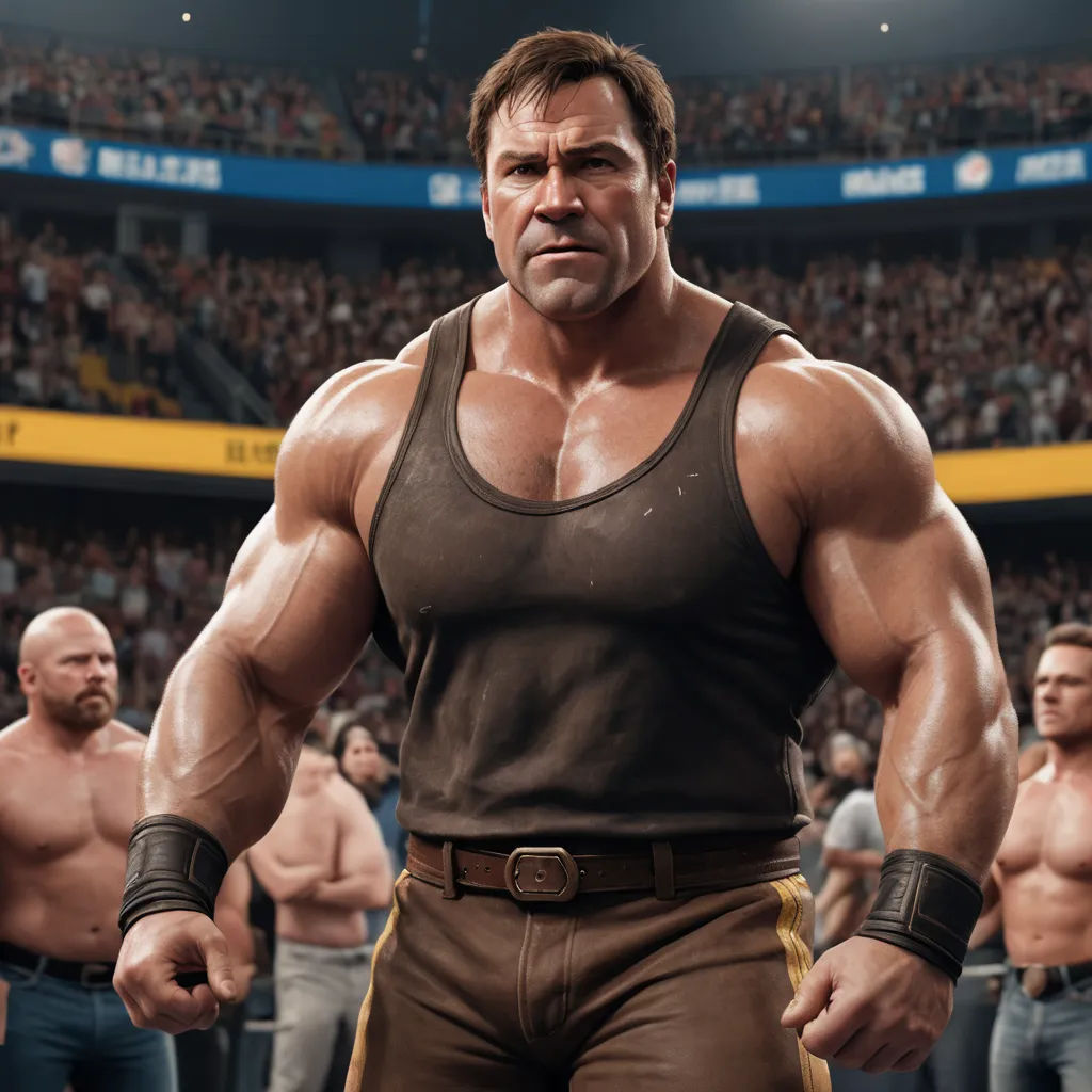 a man in a tank top standing in front of a crowd of people in a stadium with his hands on his hips, realism, a 3D render, Bryan Organ, arnold render
