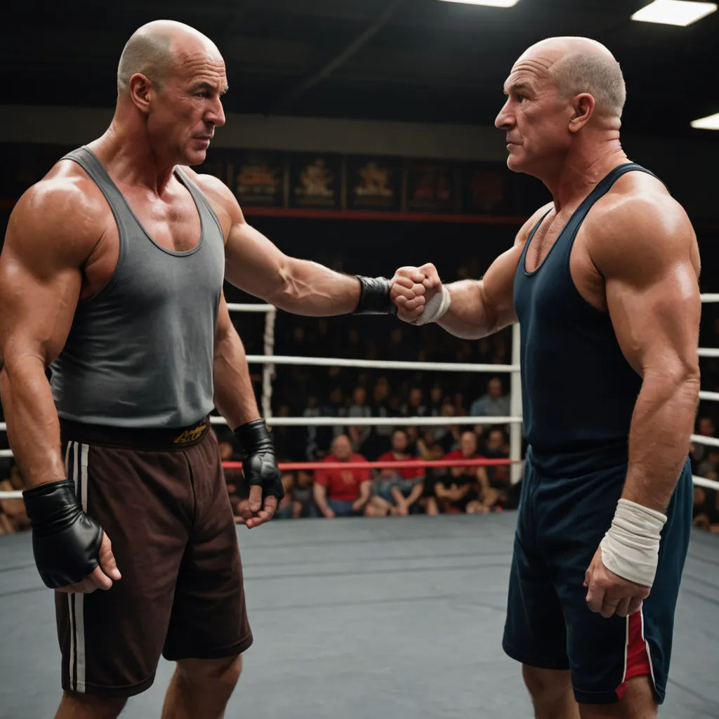 two men in wrestling stance in a ring with spectators in the background and one holding the hand of the other, institutional critique, a stock photo, David Budd, uhd 8 k