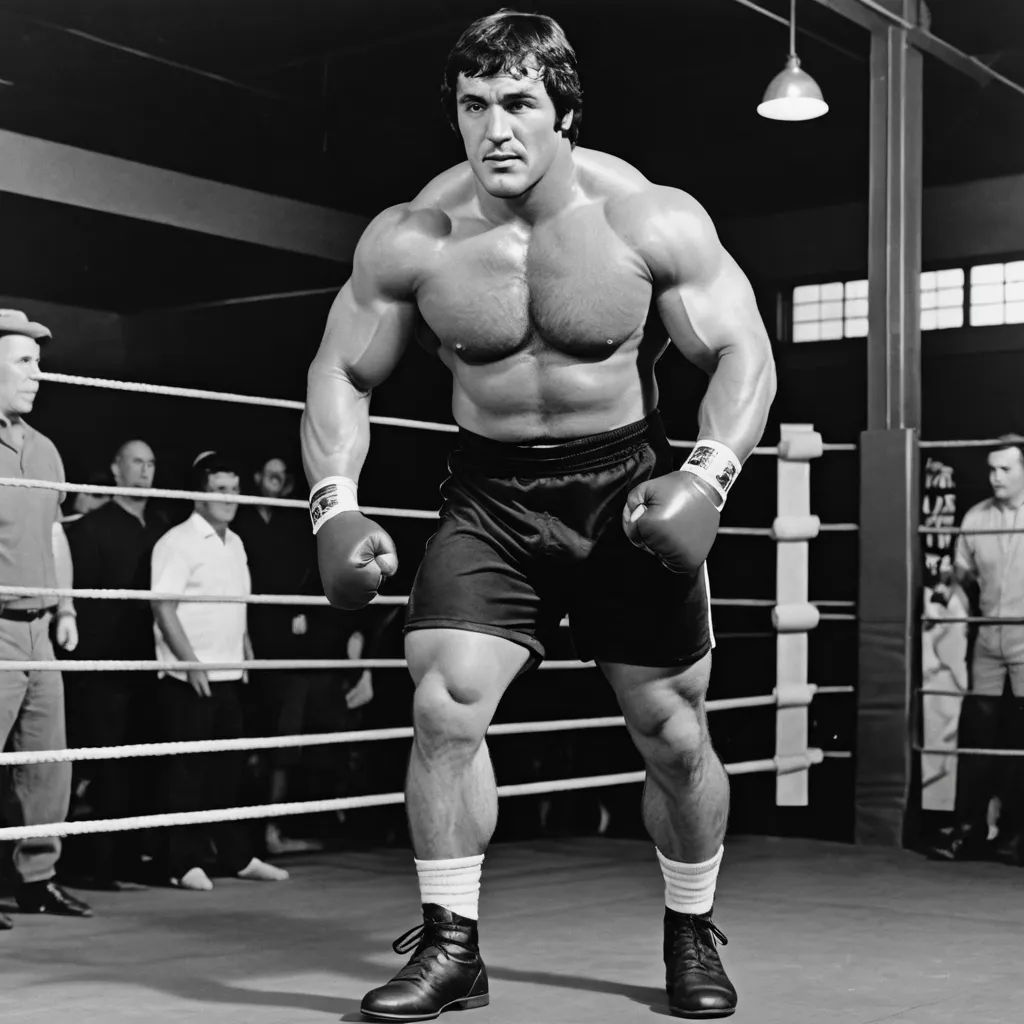 a man standing in a boxing ring with his hands on his hips and a referee looking on in the background, hyperrealism, a black and white photo, Dimitre Manassiev Mehandjiysky, vfx
