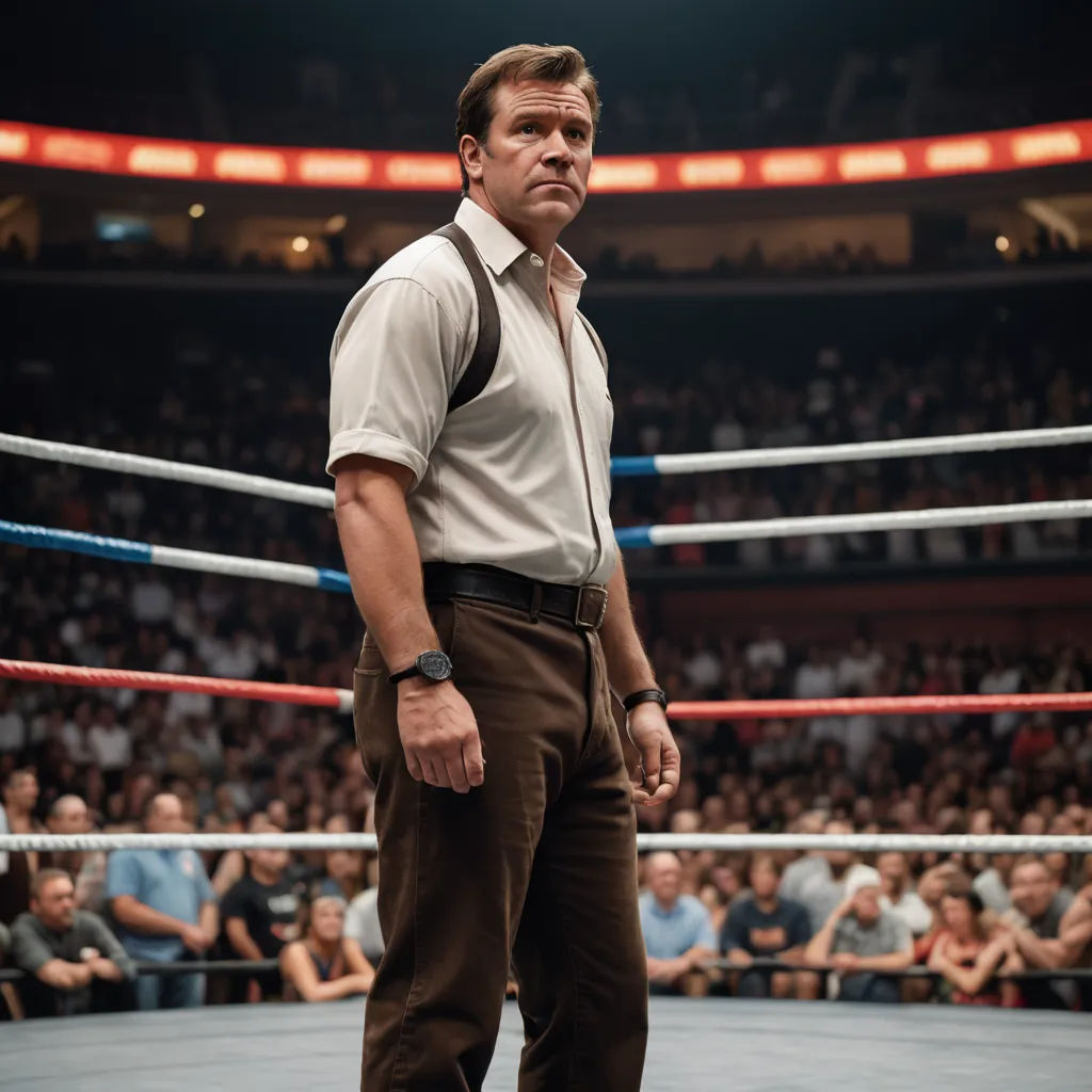 a man standing in a ring with a referee looking on in the background with a crowd of people watching, american realism, a character portrait, Bryan Organ, vfx