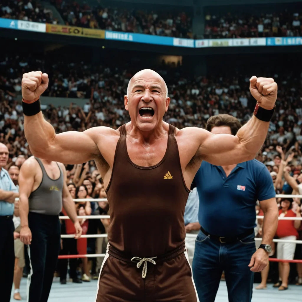 a man with a big muscles standing in front of a crowd of people in a stadium with his arms up, precisionism, a colorized photo, Eric de Kolb, stanley artgermm