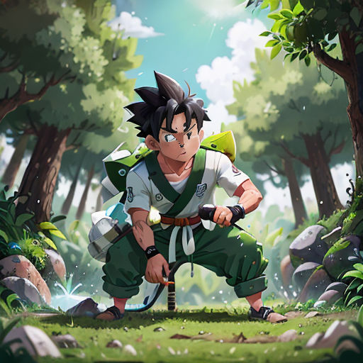 a man in a forest with a sword and a bow in his hand, holding a stick in one hand