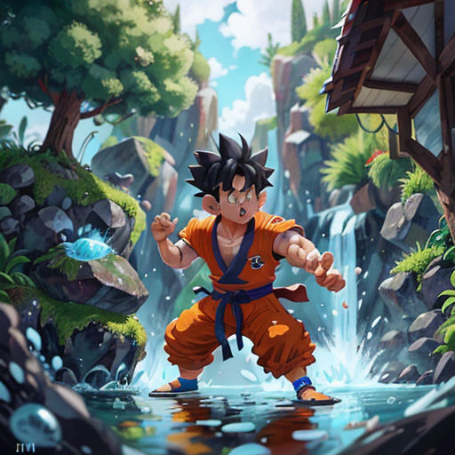a cartoon character is standing in the water near a waterfall and a house with a waterfall in the background