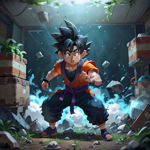 a cartoon character in a room with rocks and plants in it, with a light coming from the ceiling