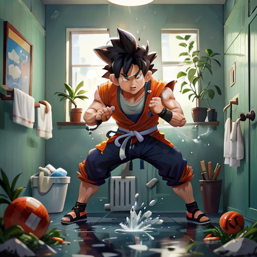 a cartoon of a man in a bathroom with a lot of water coming out of his mouth and a potted plant in the corner