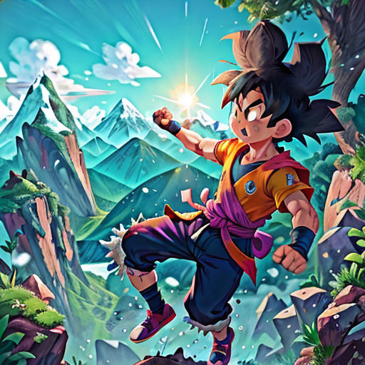 a cartoon character is running through the woods with a mountain in the background and a sky background with clouds